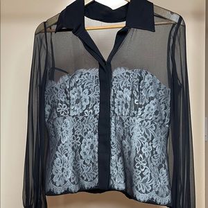 Tadashi Black Sheer and off white Lace Top